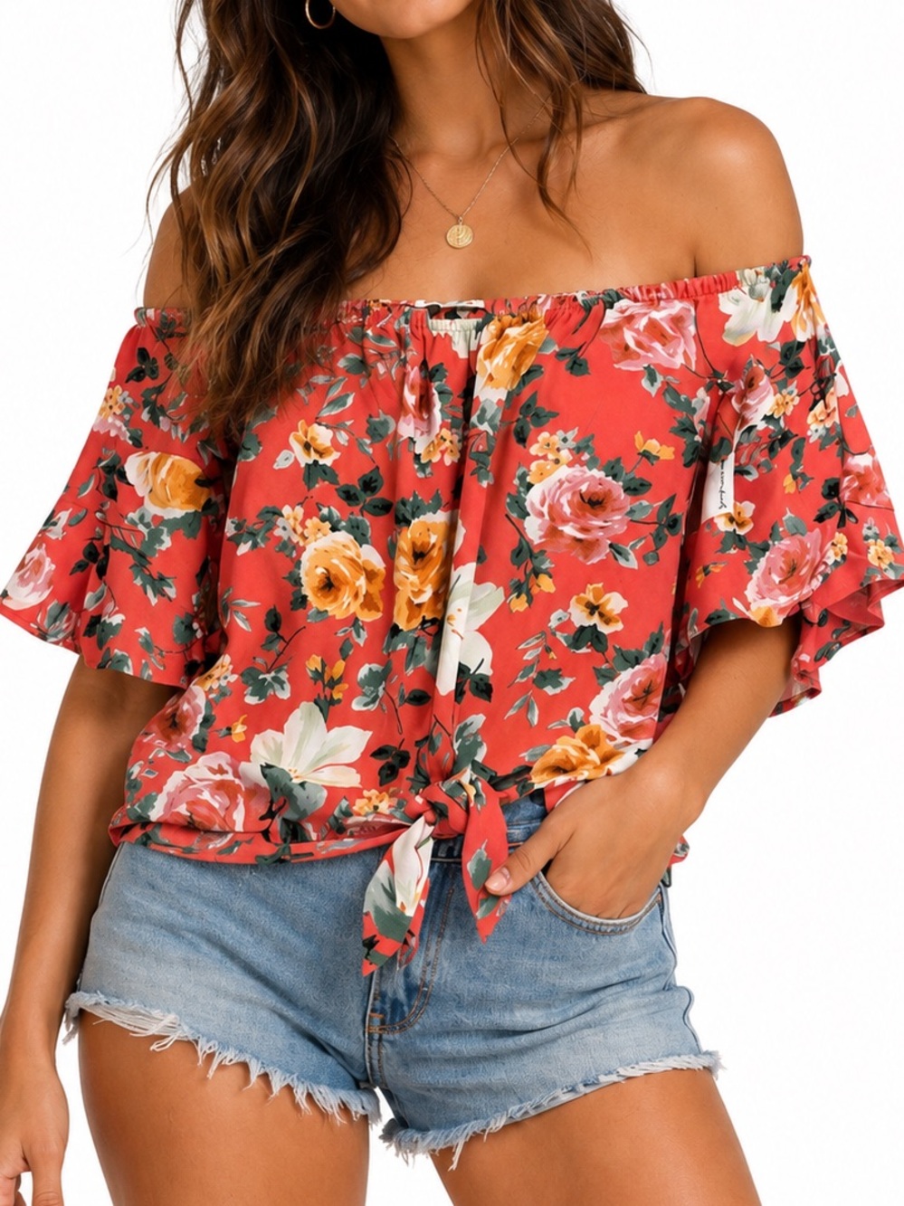 Vine & Love Coral Floral Off Shoulder Boho Flutter Sleeve Blouse NWT Size Small